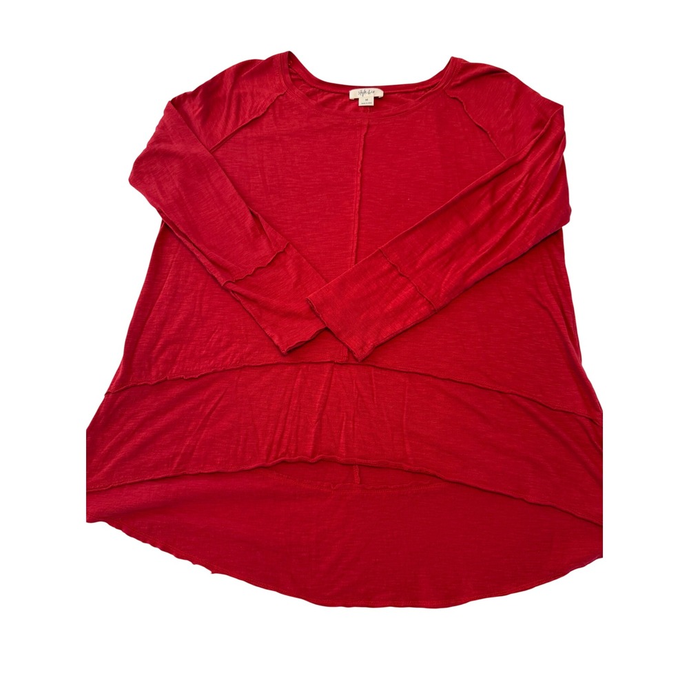 Style & Co Red Slub Knit High‎ Low Long Sleeve Top Raw Edge Seam Details Medium